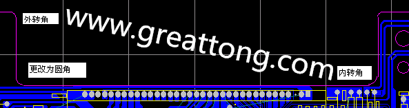PCB設計時單面板的轉角都需為圓角，R1.0mm或R2.0mm為宜。
